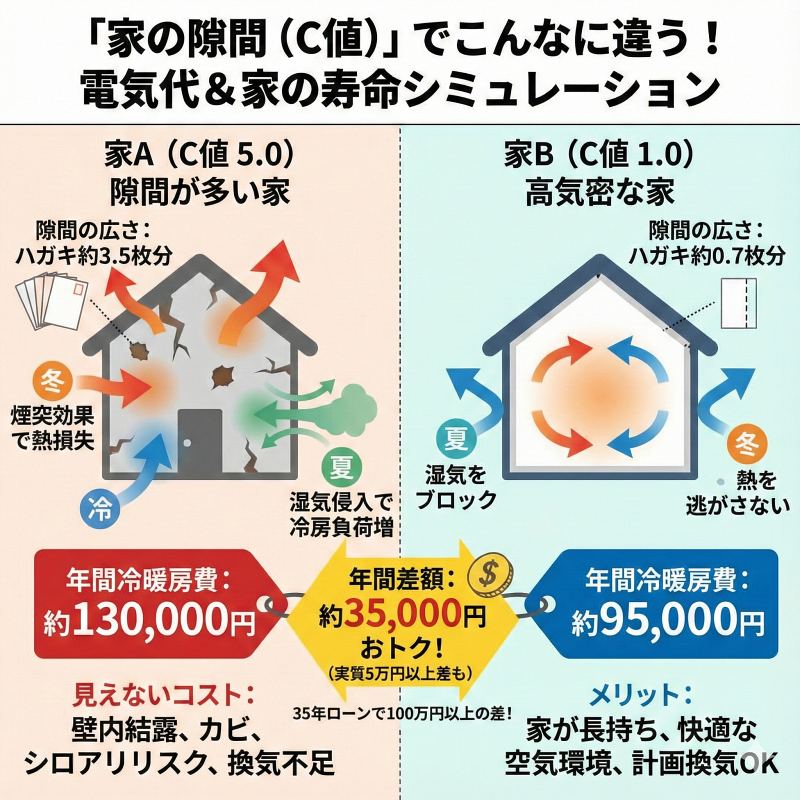 C値の違いによる電気代の差をわかりやすくまとめた図解